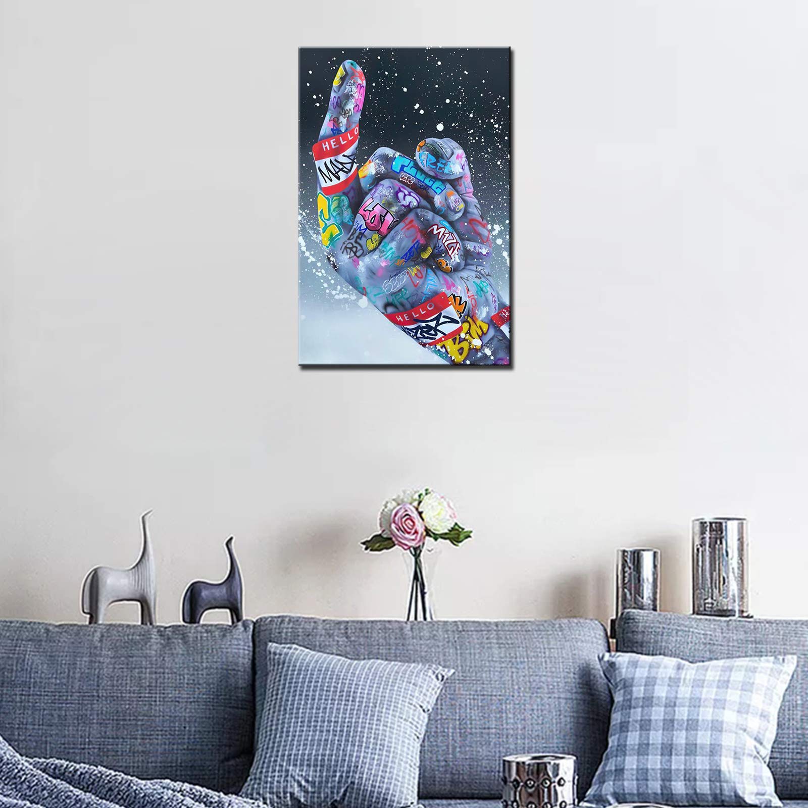 Banksy Pop Street Graffiti Art Paintings Middle Finger Gesture Pop Pictures Classic Street Artwork Graffiti Wall Art 1 Piece Prints on Canvas Living Room Home Decor Framed Ready to Hang (16''Wx24''H) - Image 3