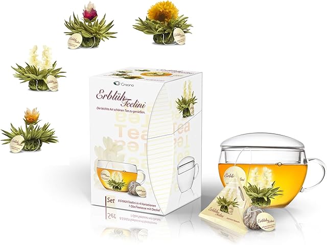 Creano Gift Set Abloom-Tealini 8 Piece Flowering, White Tea with Glass-Tea Cup | 200ml