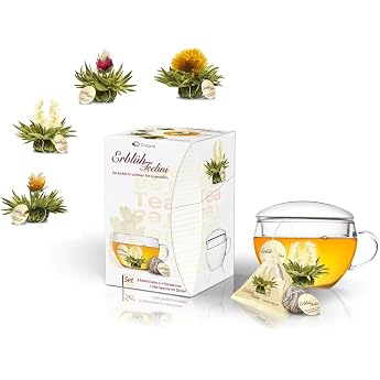 Creano Erbl hTeelini Teeblumen Geschenkset mit Teeglas und 8 Teeblumen im Tassenformat Wei er Tee Geschenk zu Weihnachten