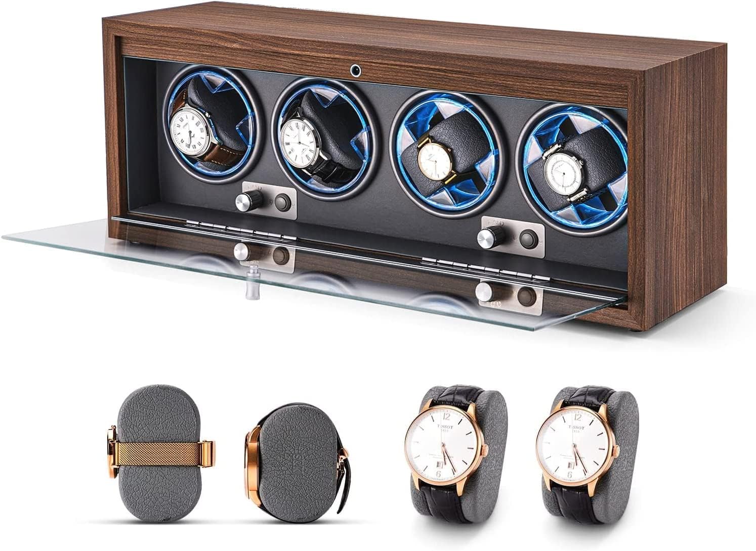 Moonmen Watch Winder for Automatic Watches, Ultra Quiet Motor for 4 Automatic Watches with LED Lights, Automatic Watch Winder with 4 Rotation Modes, Walnut Wood Finish