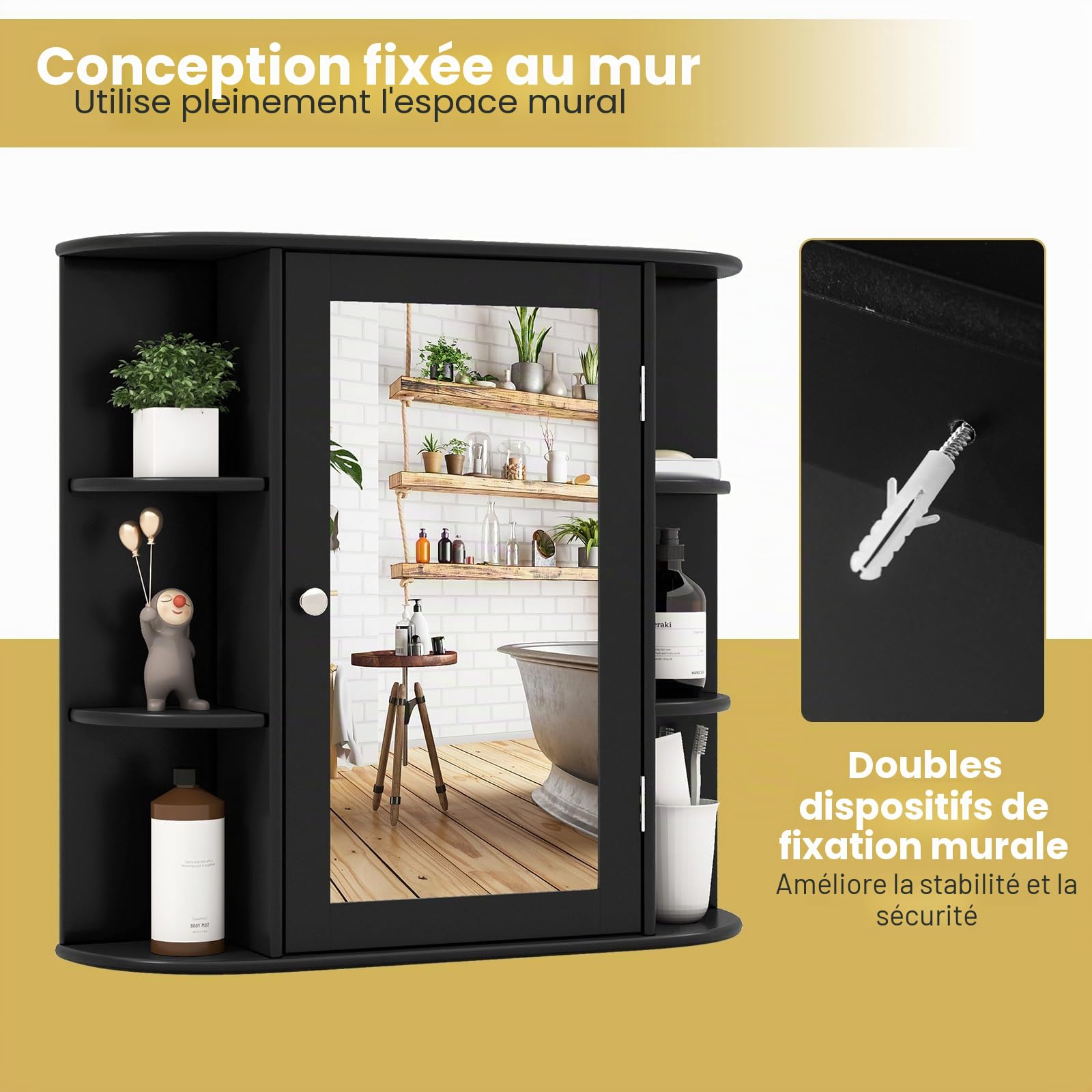 GIANTEX Armoire Murale Salle de Bain avec Miroir, Meuble WC Suspendu avec Portes-Miroir et Étages Réglables, Étagère de Rangement en 6 Niveaux,17 x 65 x 64 cm, Noir