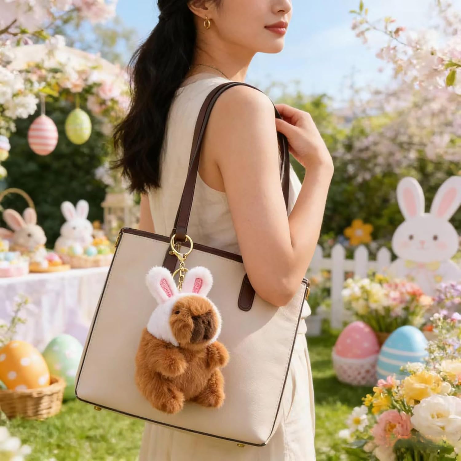 Easter Bunny Plush Capybara Keychain,5.5 Inch Bunny Plush Keychain Easter Decoration for Backpack/Car/Handbag, Mini Capibaras Key Chains Easter Party Home Tree Decor & Holiday Gift - Image 2