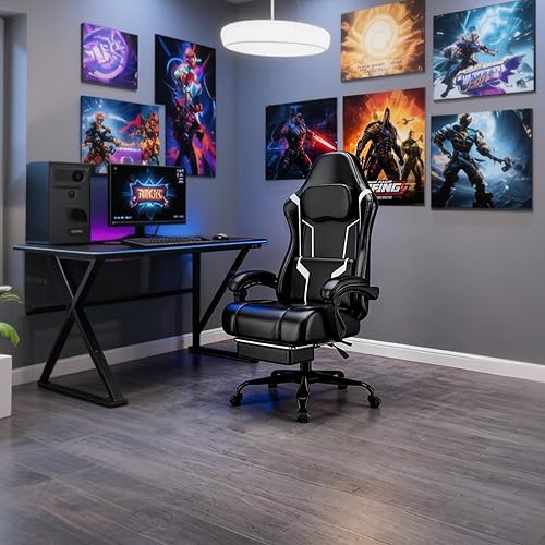 Miniatura 31 de Silla ergonómica para videojuegos, silla de videojuegos con soporte lumbar de masaje y reposapiés, silla de computadora de tela ajustable en altura