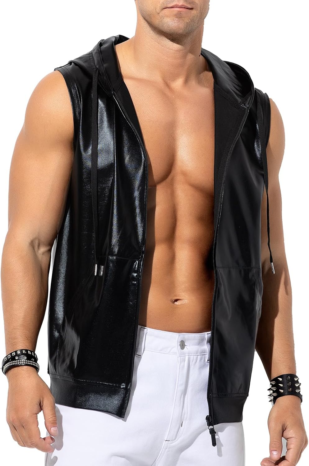 Arjen Kroos Men's Metallic Hoodie Vest Sequin Zip Up Sleeveless Rave Disco Shiny T Shirt with Pockets