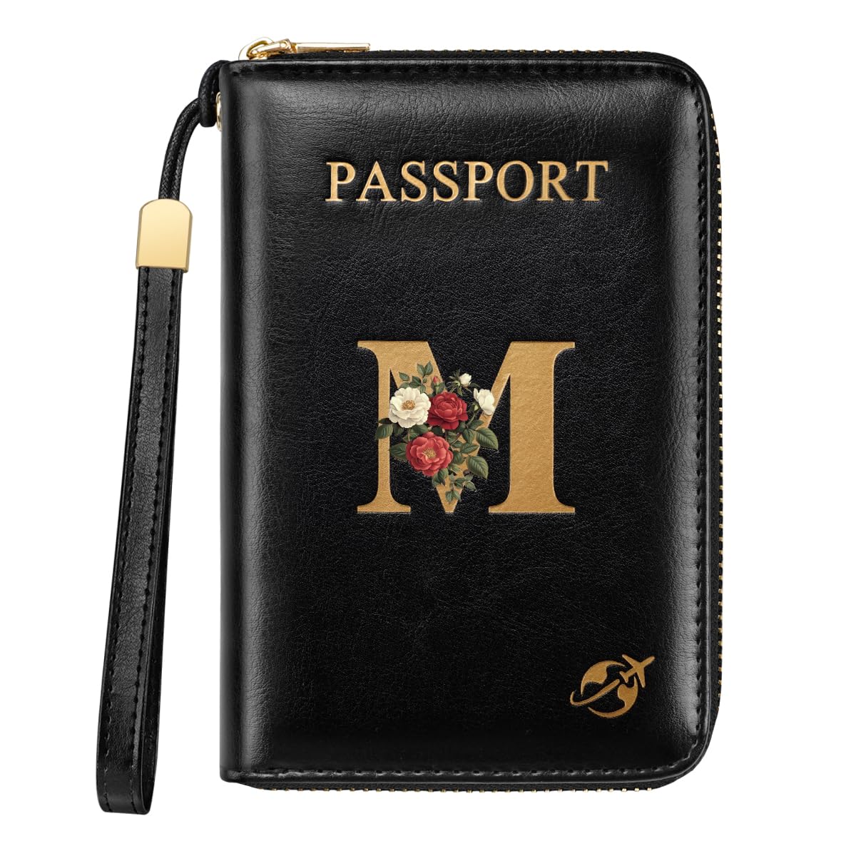Passport Wallet with Zipper Personalized Passport Holder Initial Letter Rose Flower RFID Blocking Travel Wallets Credit Cards Holder for Women Men, M-image-32