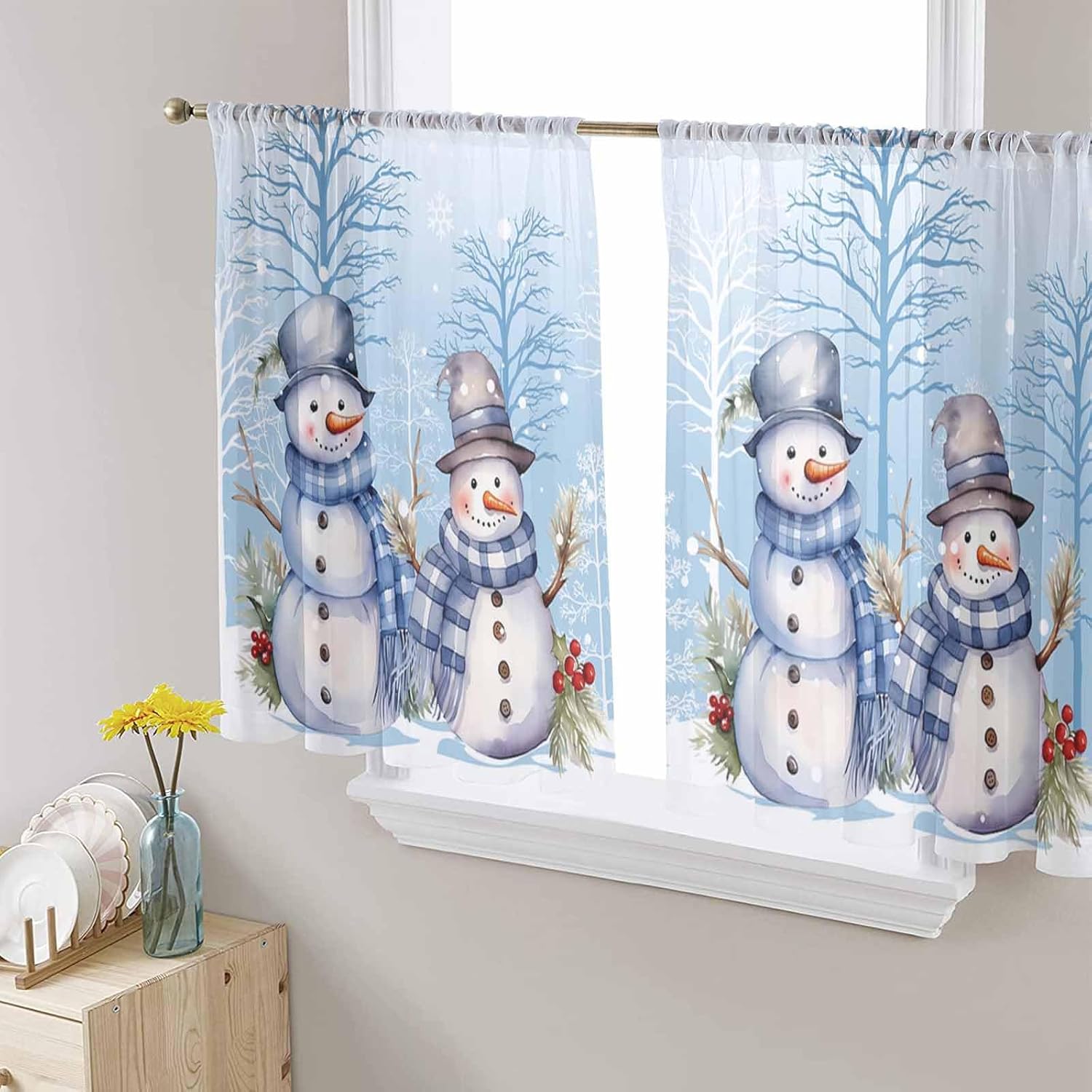 2 PCS Blue Christmas Snowman Semi-Sheer Chiffon Curtains 72 Inches Long,Rod Pocket Voile Curtain Panels,Window Sheer Drape Curtains for Living Room/Bedroom/Kitchen,Xmas Snowflake Tree Branch 104x72
