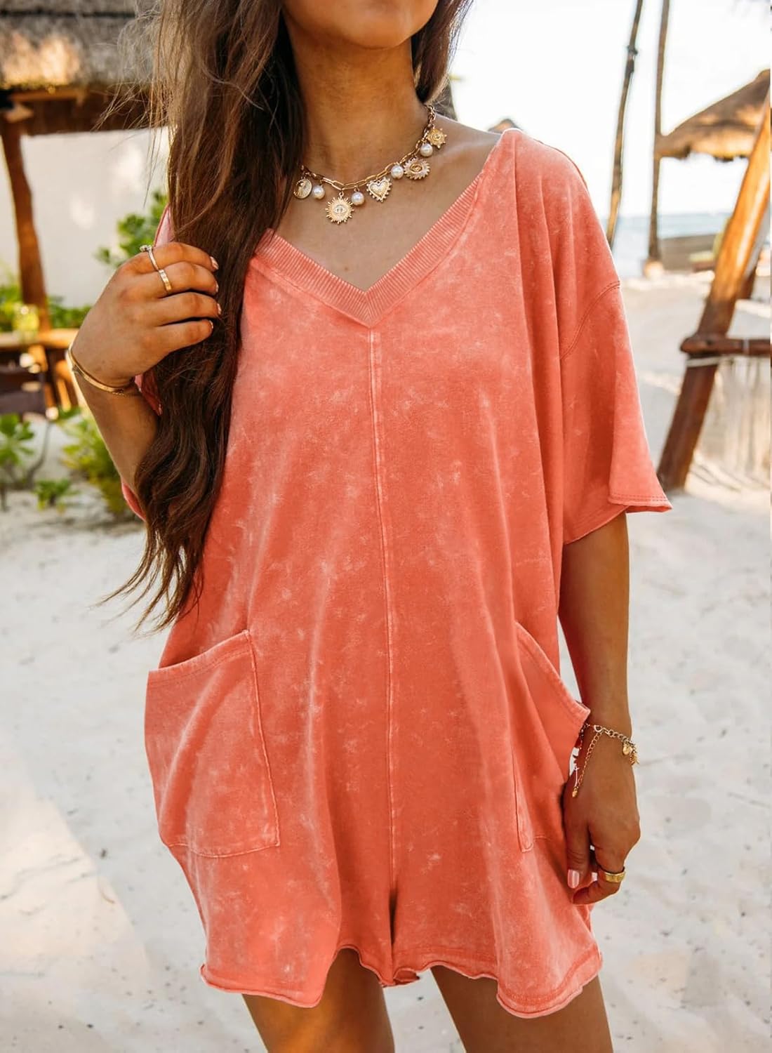 Womens Mineral Washed Summer Casual Short Sleeve V Neck Rompers Jumpsuit Outfits with Pockets - Image 2