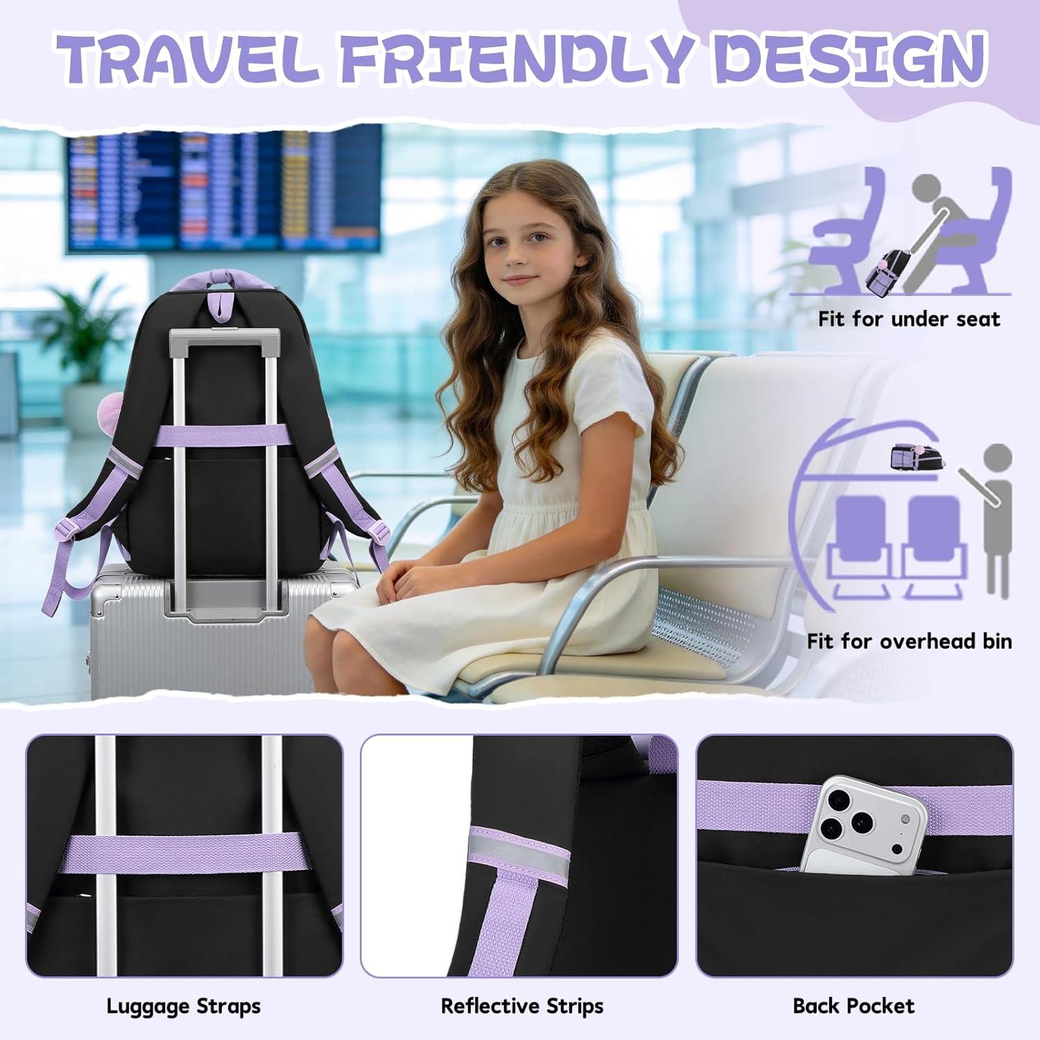 Girls Backpack, Kids Backpack for Girls, School Bookbag for Teens Age 6-15, Large Capacity Water Resistant Backpack for Elementary to High School, Cute Travel Daypack, Black Purple 3pcs