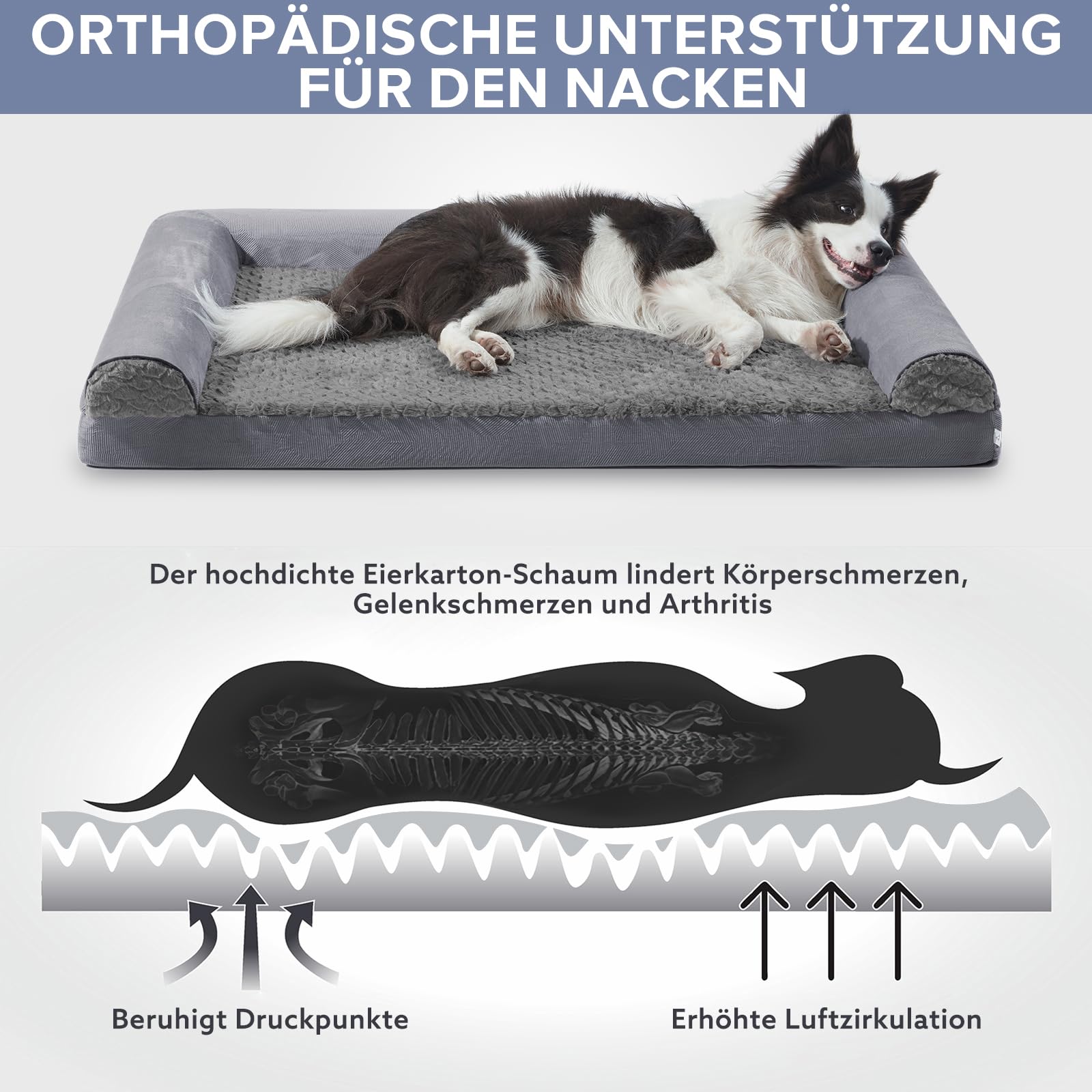 FURTIME Cuccia per cani di taglia grande, ortopedica, XL, 107 x 76 cm, lavabile, ergonomica, con imbottitura rimovibile, antiscivolo, in gommapiuma, ortopedica