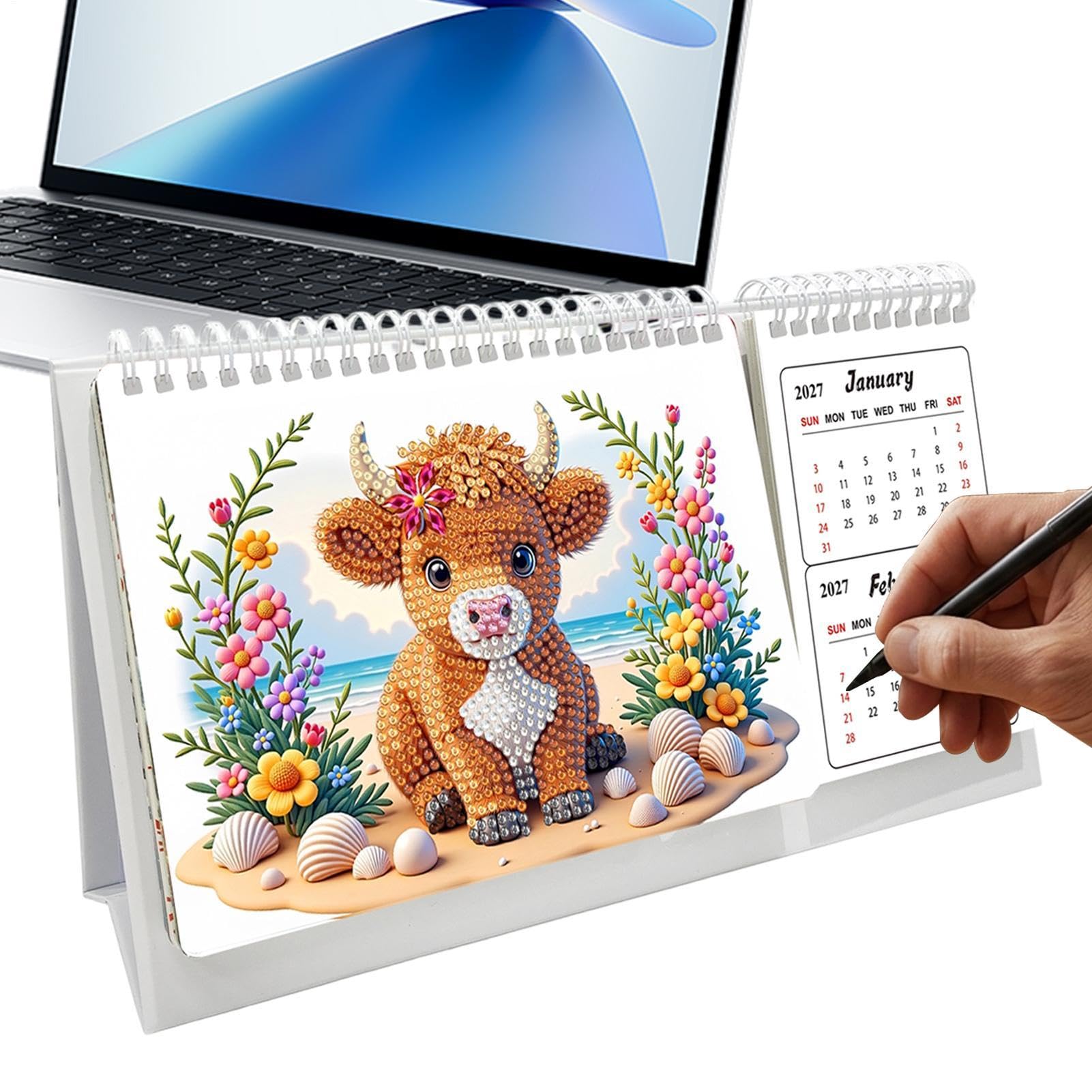 Gem Art Desk Calendar - Handmade Creative Book, Painting Planner Gift, Monthly Diamond Mosaic DIY Crafting Agenda Desktop Time Organizer Schedule | Rhinestone Crystal Sparkly Handcrafted