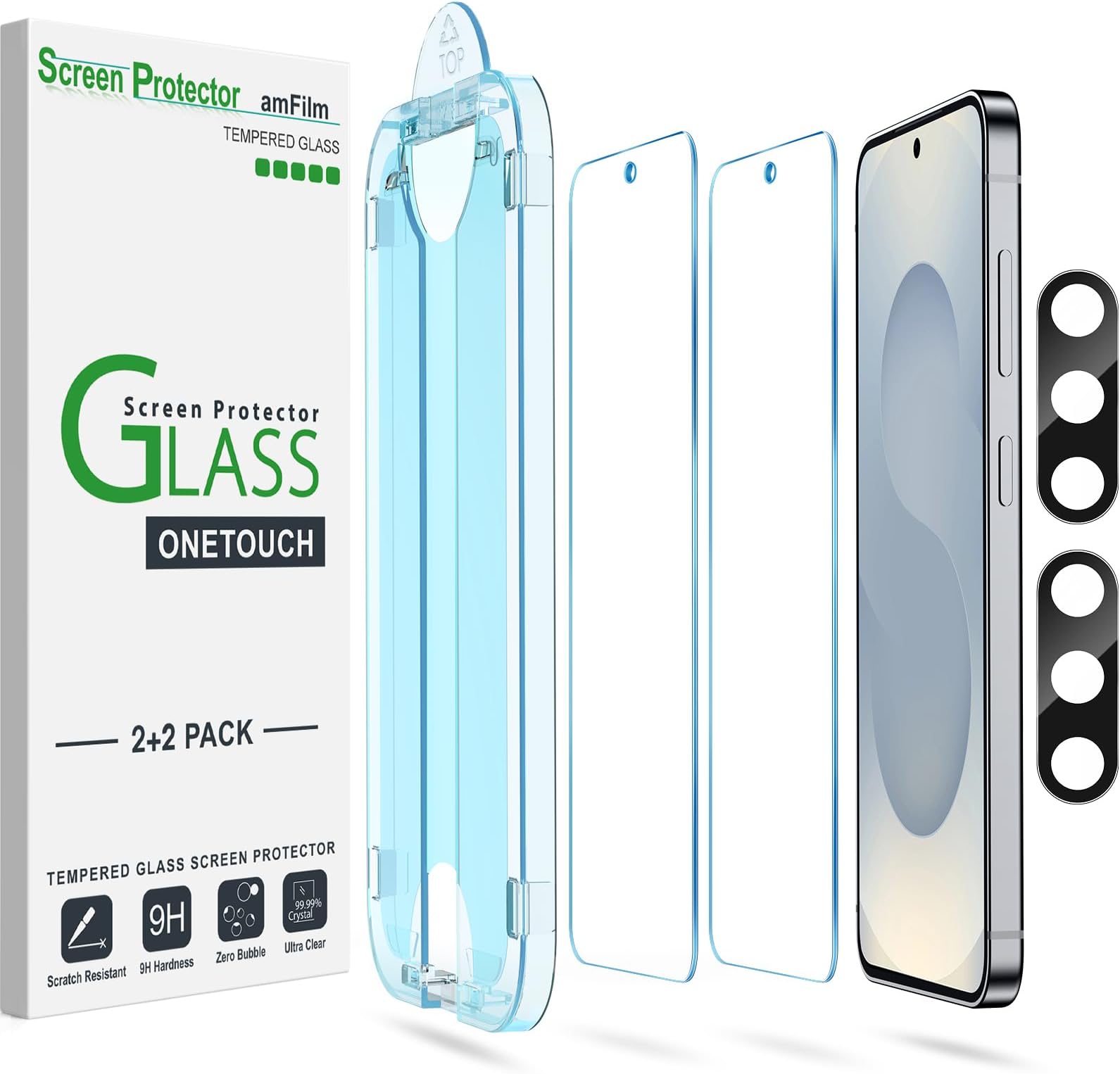 amFilm [2+2 Pack OneTouch Tempered Glass Screen Protector Guard for Samsung Galaxy S25 Plus 6.7 Inch with Camera Lens Protector, 9H Hardness, Easy Installation and Bubble Free.