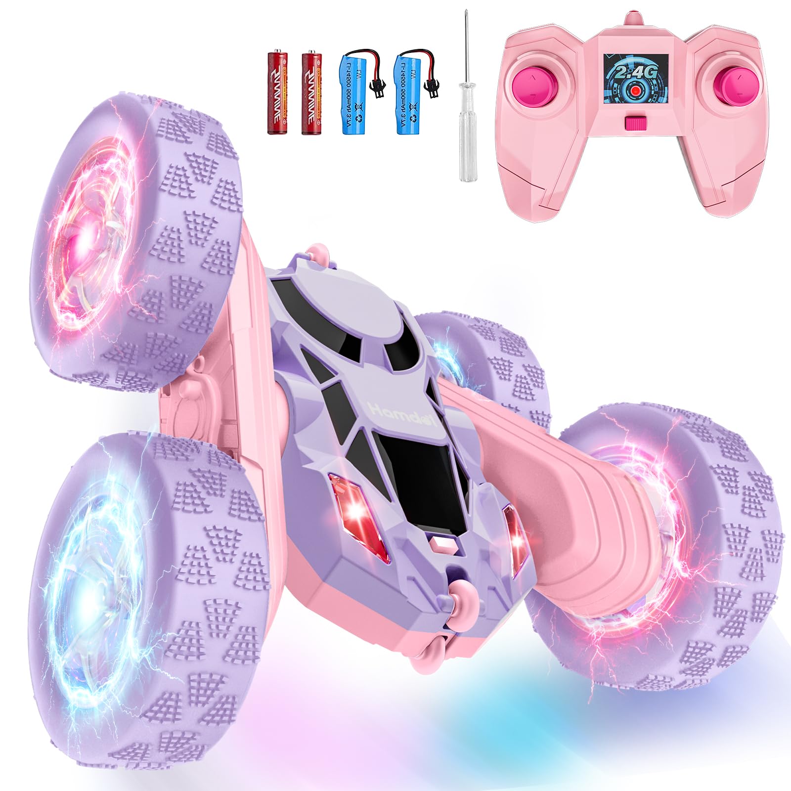 Hamdol Remote Control Car, Double Sided 360°Rotating 4WD RC Cars, with Sparkling LED Wheels, 2.4GHz Electric Race Stunt Toy Car, Rechargeable Toy Cars for Boys Girls Birthday Valentines Gift