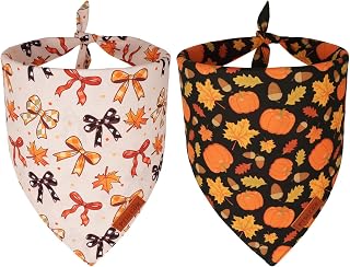 PTDECOR Fall Dog Bandanas, Fall Bow Pumpkin Maple Leaf Pet Scarf, Small | Multi Size, Premium Durable Fabric, Adjustable Double Layer White Black Fall Thanksgiving Bandanas for Small Dogs
