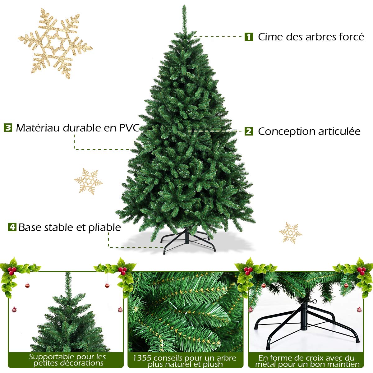 GIANTEX Sapin de Noël Artificiel 180 cm, Arbre de Noël Décoration Intérieur en PVC avec 1355 Branches, Support en Métal Pliable, Arbre Décoratif pour Maison, Bureau
