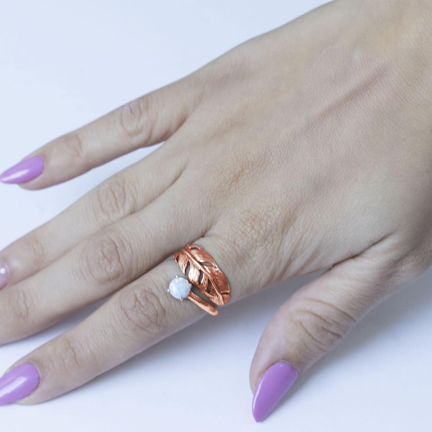 Adjustable Feather Ring For Women with White Opal Gemstone in 14K Rose Gold Plated on 925 Sterling Silver - Open Ended Spiral Ring; Dainty Feather Sizable Ring Jewelry, Handmade Jewelry For Women - Image 3