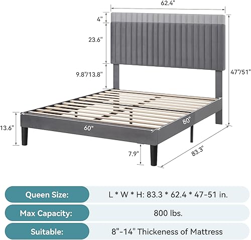 Miniatura 84 de HOOMIC Base de cama de plataforma de tamaño matrimonial, cama tapizada de terciopelo moderno con cabecera capitoné de canal vertical ajustable,