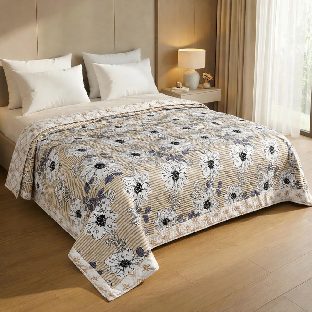 BSB HOME 220 GSM Microfiber Double Bed Comforter, Ultra Soft All Season Quilt, Floral Printed Lightweight Warm Blanket, Durable & Breathable Bedding – 225 x 220 cm (Desert Sand Bloom)
