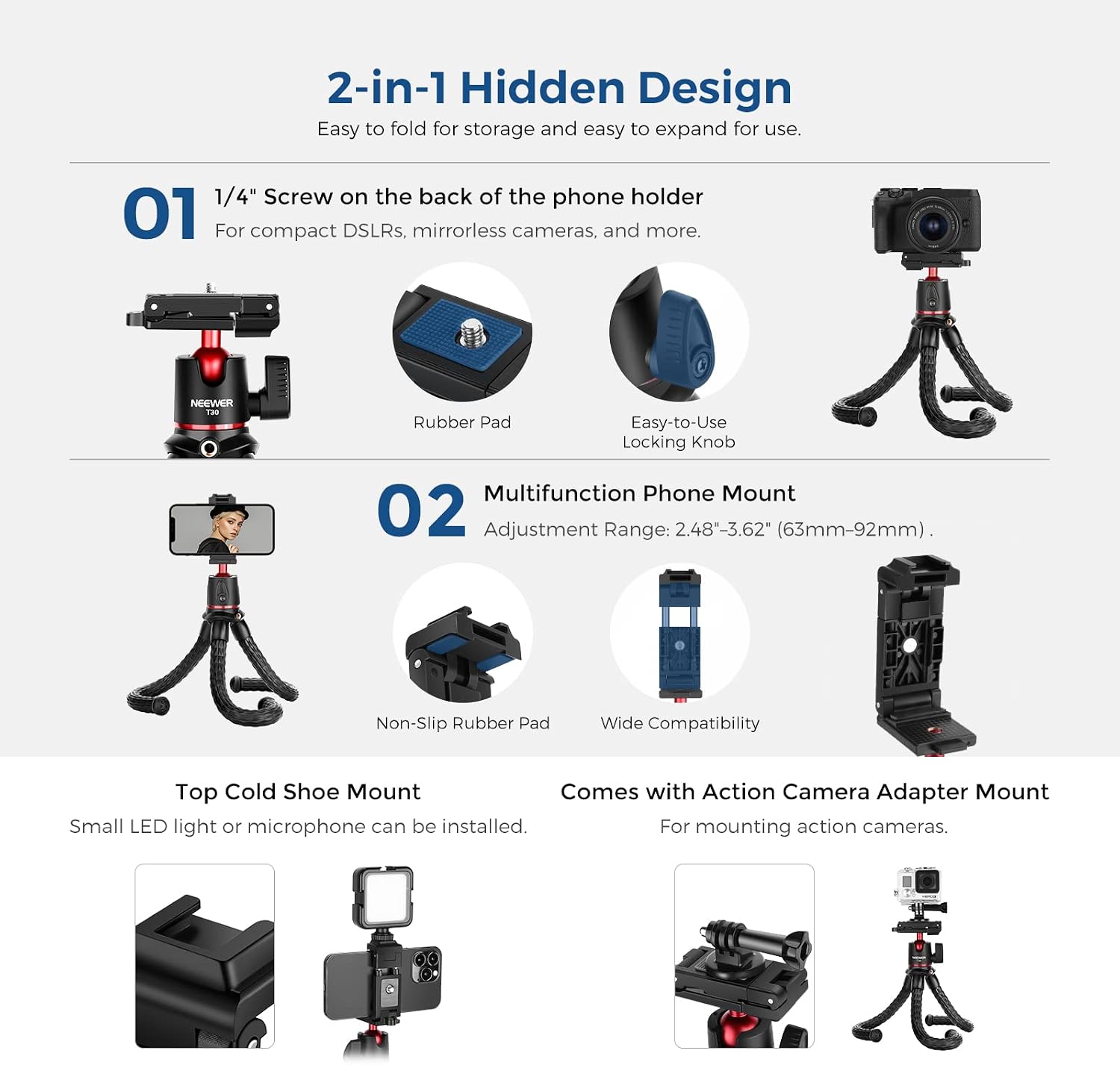 NEEWER Camera Flexible Tripod with Remote Shutter, Mount Adapter for Hero 11 10 9 8, Hidden Phone Holder with Cold Shoe, 1/4" Screw for Magic Arm, Bendable Vlogging Tripod, Load Up to 4.4lb - T30