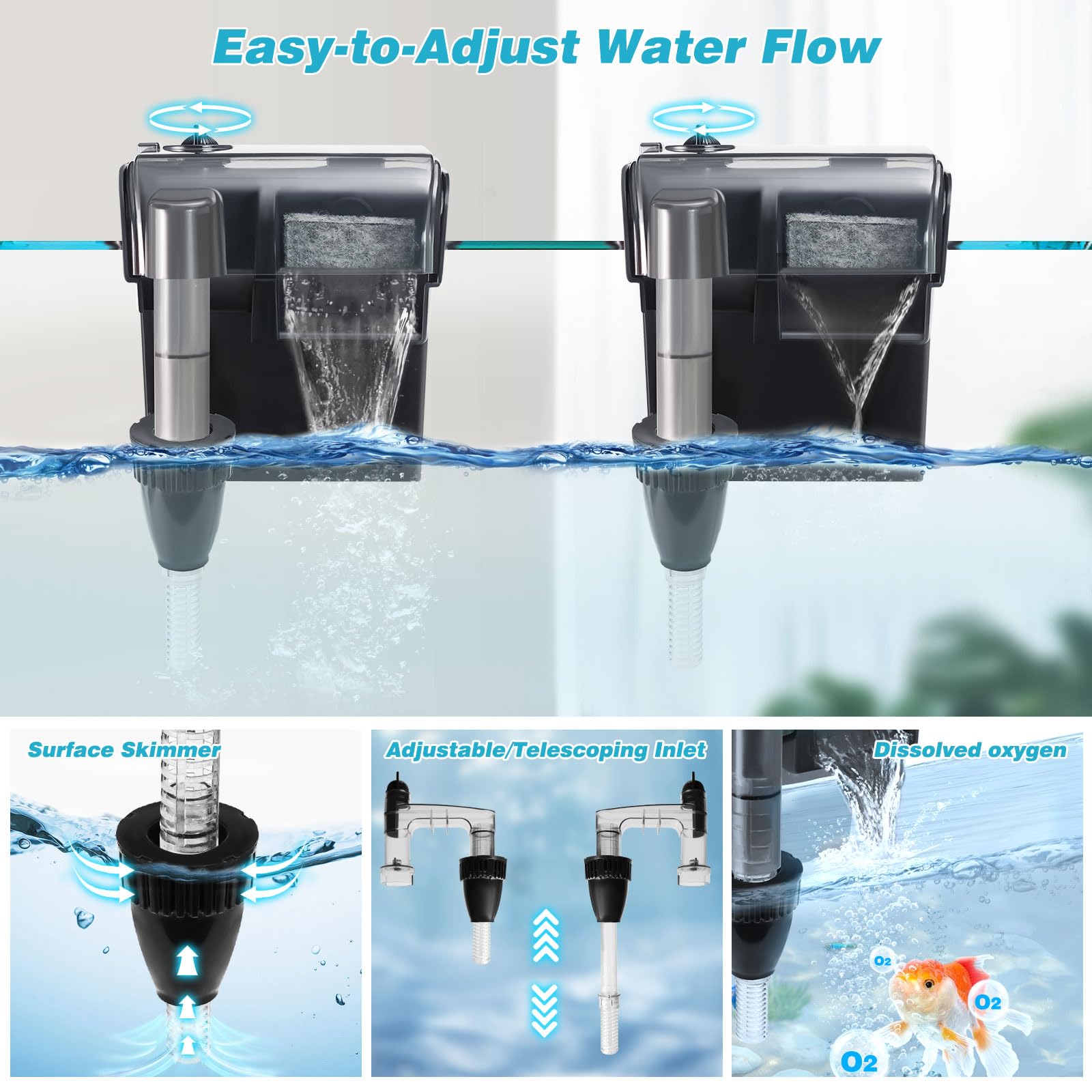 Hang on Back Aquarium Filter 158GPH for 10-40 Gal. Fish Tank, w/ Detachable U-V Light &Surface Skimmer, 4-Stage Suspension Oxygen Deodorization Saltwater Freshwater Crystal Clear Green Clean Machine - image 5
