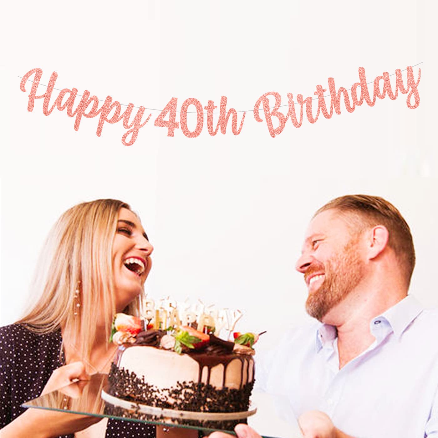 bng-bng 40th Birthday Banner Happy 40th Birthday Bunting Rose Gold Glitter Large Hanging Letter Banner for Women Lady Age 40 Anniversary Party Decorations Photo Backdrop - Image 4