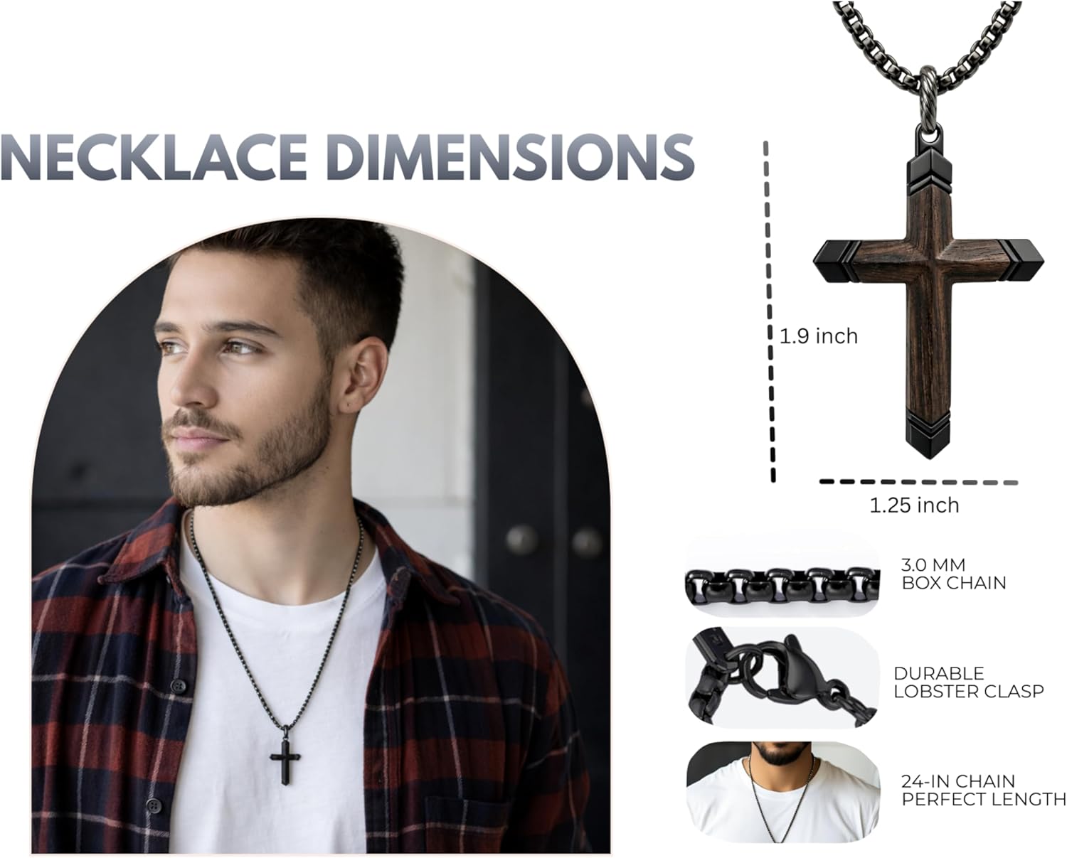 PERDANA Mens Cross Necklaces - Wooden Cross Necklace For Men - Stainless Steel Gift For Husband, Father, Son, Brother, Easter, Birthday, Includes Necklace 24" Box Chain