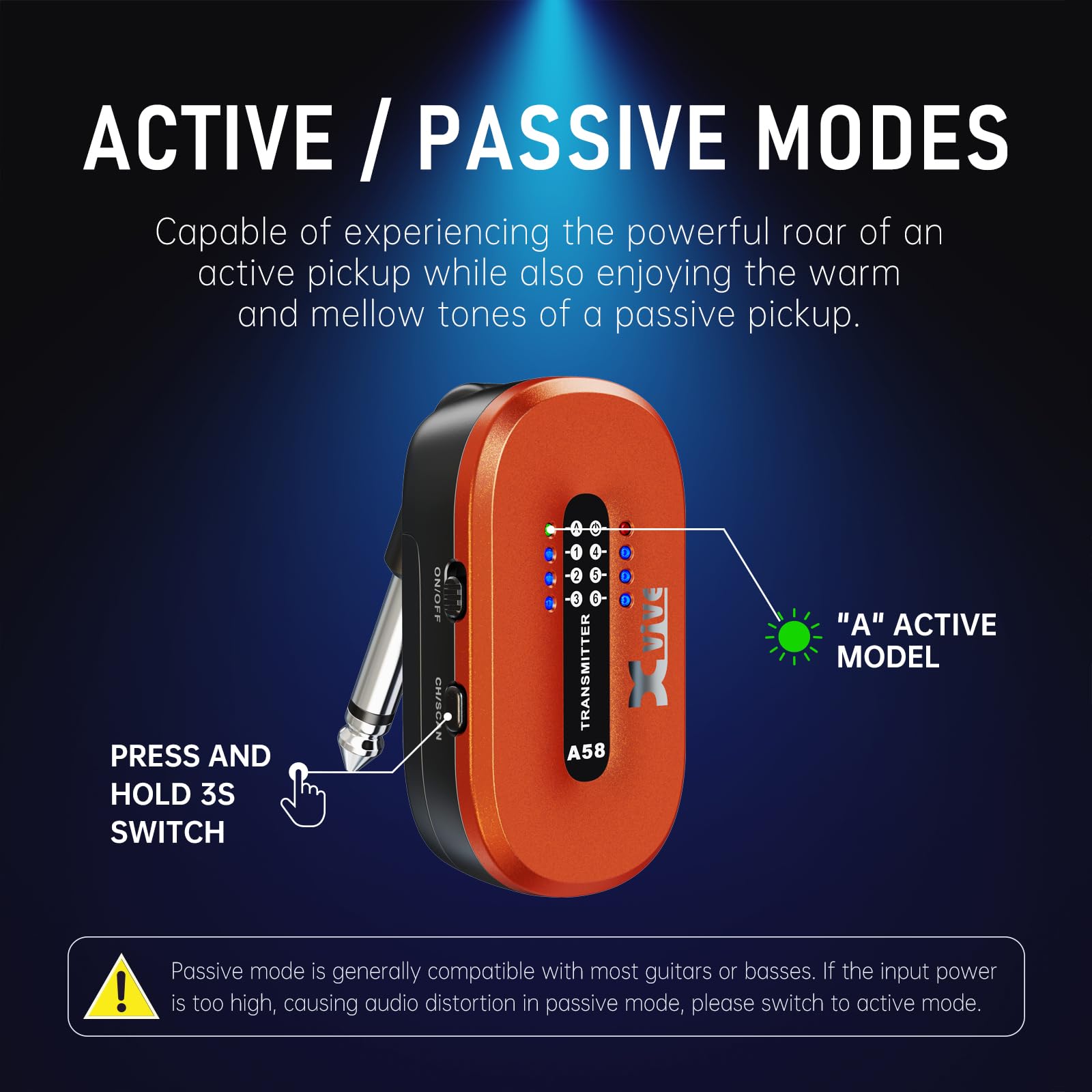 Xvive A58 - Sistema per chitarra wireless da 5,8 GHz, trasmettitore ricevitore per pickup attivo o passivo per basso elettrico/acustico, arancione