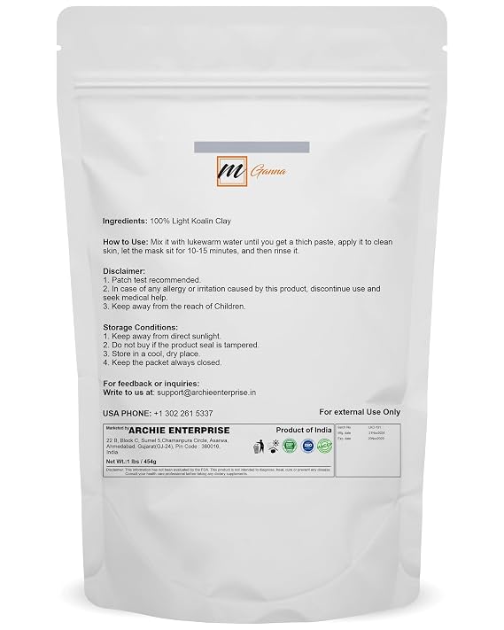 100% Natural Light Kaolin Clay Powder (1 Pound) for Facial Masks, Creams, Face Masks, and Soap Making 1 LBS / 454 GMS