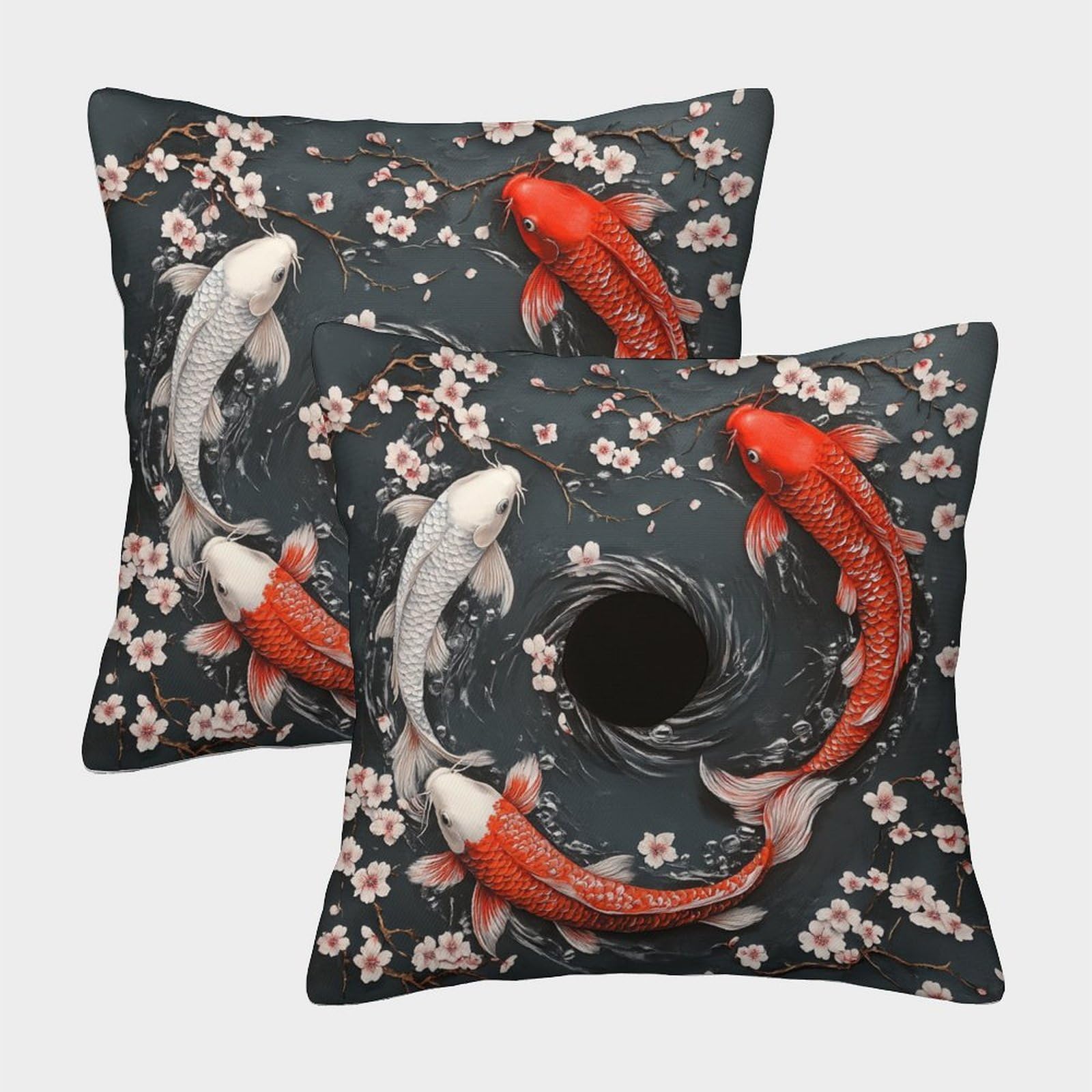 kaiyun 2 Pack Red Carp, Silver Carp,Black Hole,Sakura Luxury Digital Printed Soft 3D Themed Square Cushion Cover 50x50cm