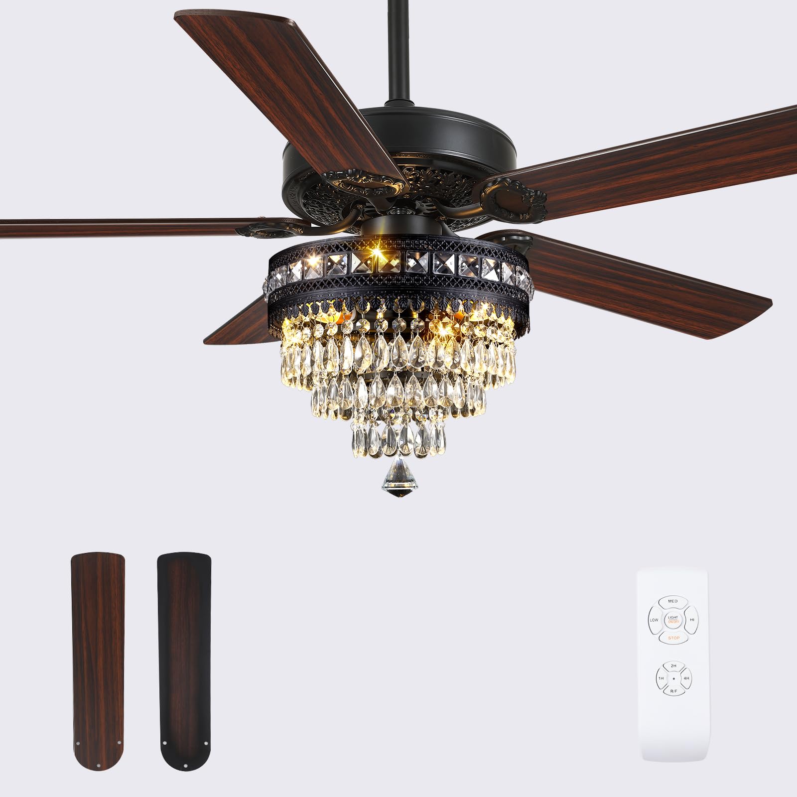 Chandelier Ceiling Fans with Lights - 52 Inch Fandelier Ceiling Fan with Light and Remote Control, Noiseless AC Motor, Modern Crystal Ceiling Fan for Dining Room, Living Room.