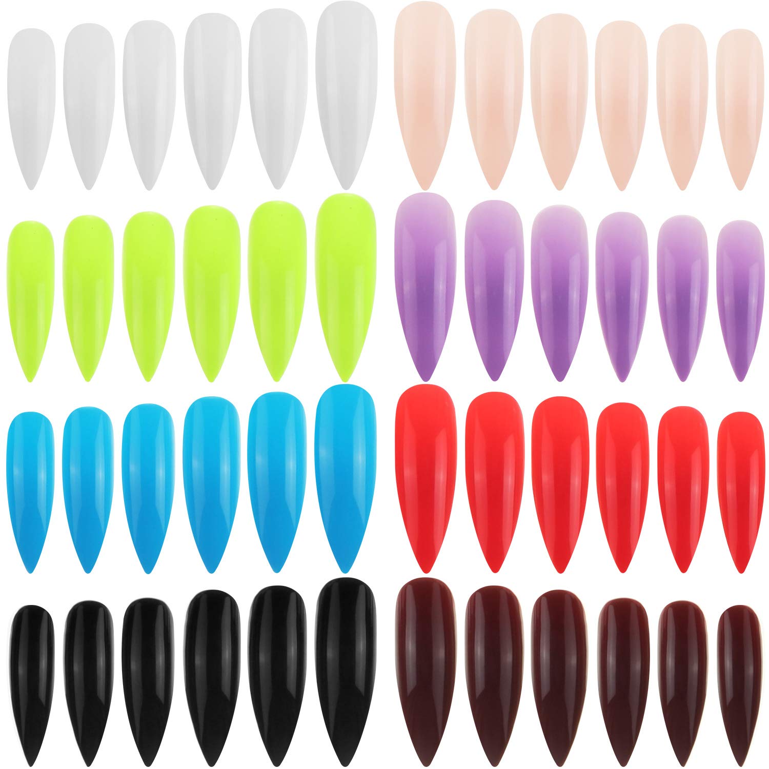 192 Pieces Extra Long Press on Nails Stiletto False Nails Solid Color Full Cover Fake Nails Artificial Acrylic Nail Kit for Nail Art Salon DIY (White, Nude, Black, Green, Purple, Red, Blue, Brown)