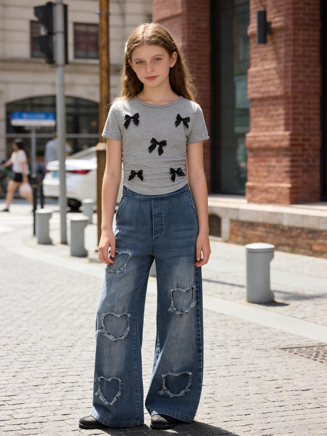 Size 7-14 Years Girls 2 Piece Outfits Bow Short-Sleeved Top and Jeans Pants Clothing Set