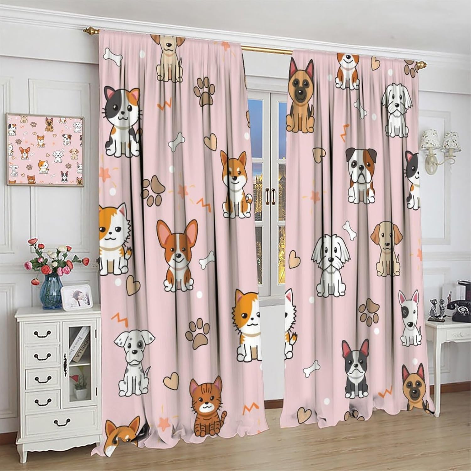Funny Puppy Curtains for Kids Girls Bedroom Decor Cute Animals Art Printed Blackout Window Drapes for Living Room Kitchen Decor Fabric Set 2 Panel 42x45 Inch 80% Shading Rate