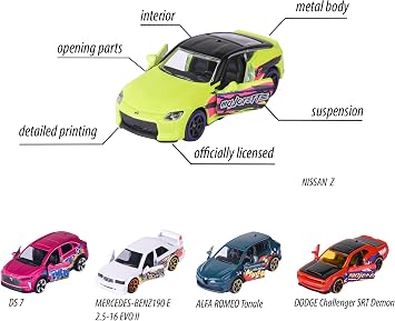 Majorette Grafiti görünümlü 11 araç seti, sınırlı sayıda (5 araba) - 5 model araba, metal serbest tekerlekli, süspansiyonlu ve açılabilir parça, koleksiyoncular ve 3 yaşından büyük çocuklar için