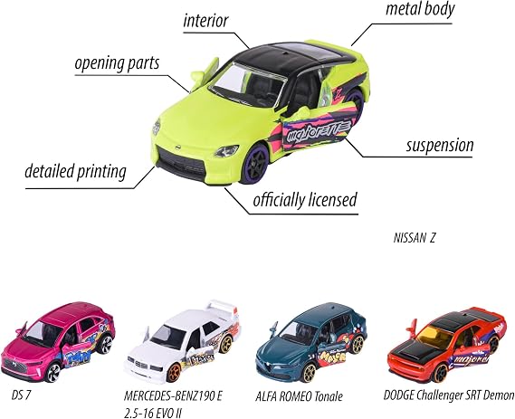 Majorette Grafiti görünümlü 11 araç seti, sınırlı sayıda (5 araba) - 5 model araba, metal serbest tekerlekli, süspansiyonlu ve açılabilir parça, koleksiyoncular ve 3 yaşından büyük çocuklar için