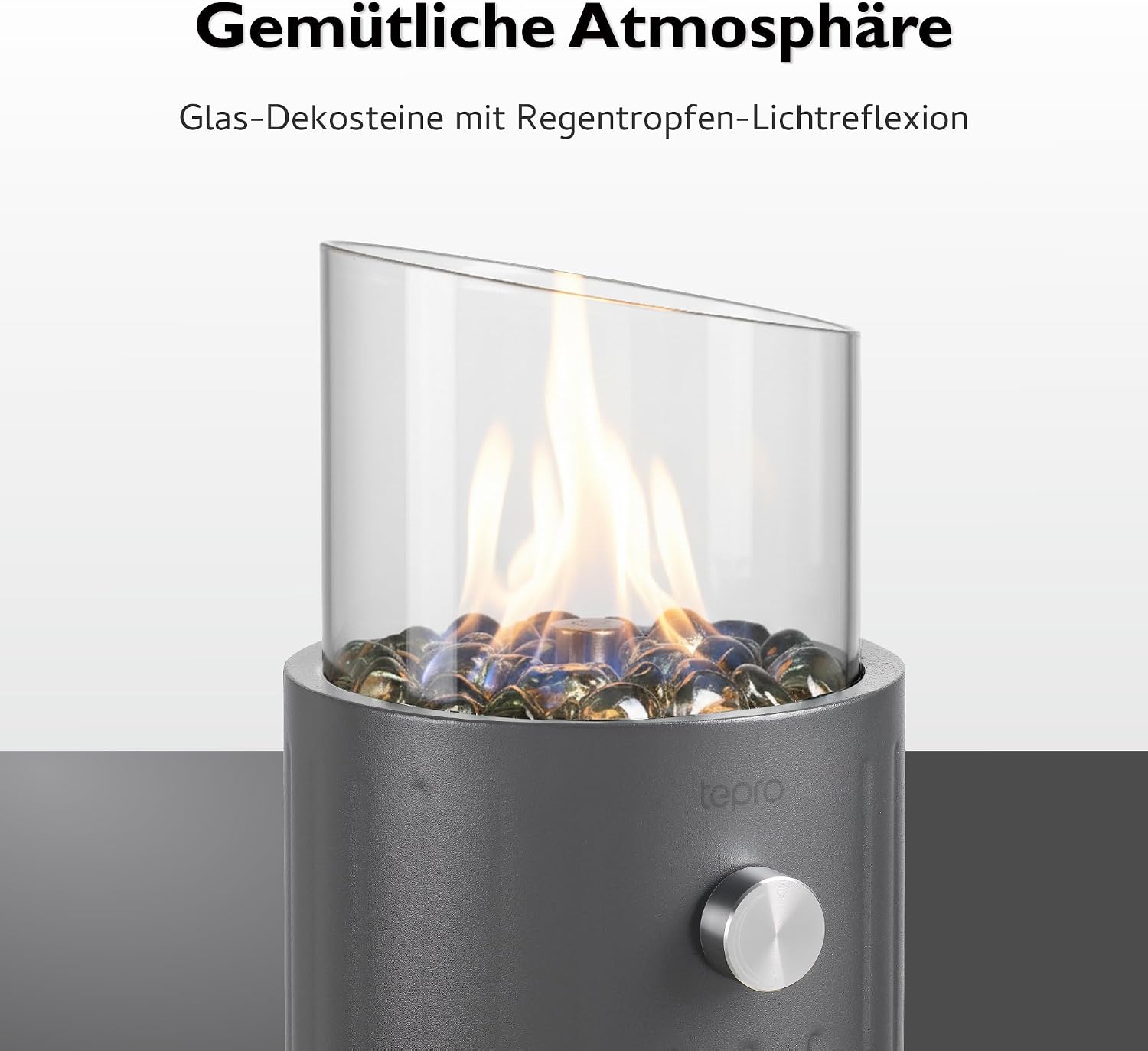 tepro Fluvin Table Gas Fire Pit - Anthracite Round Die Cut with Glass Decorative Stones