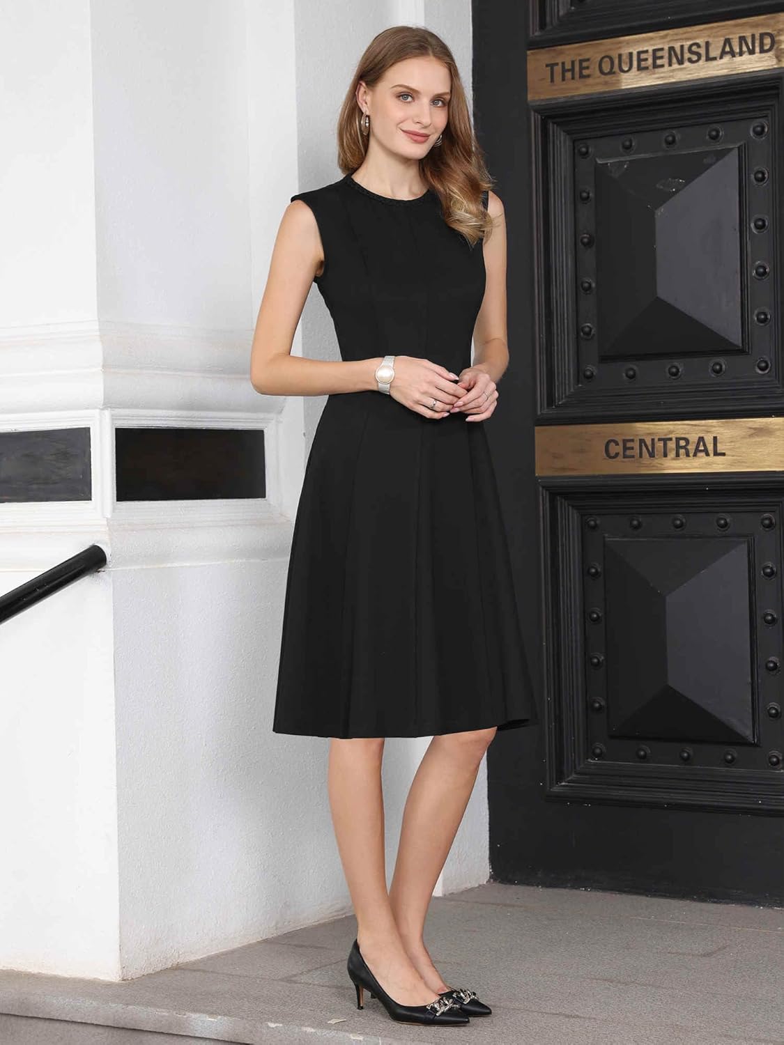 Women's Sleeveless Dress A Line Crew Neck Business Work Flare Dresses - Image 3