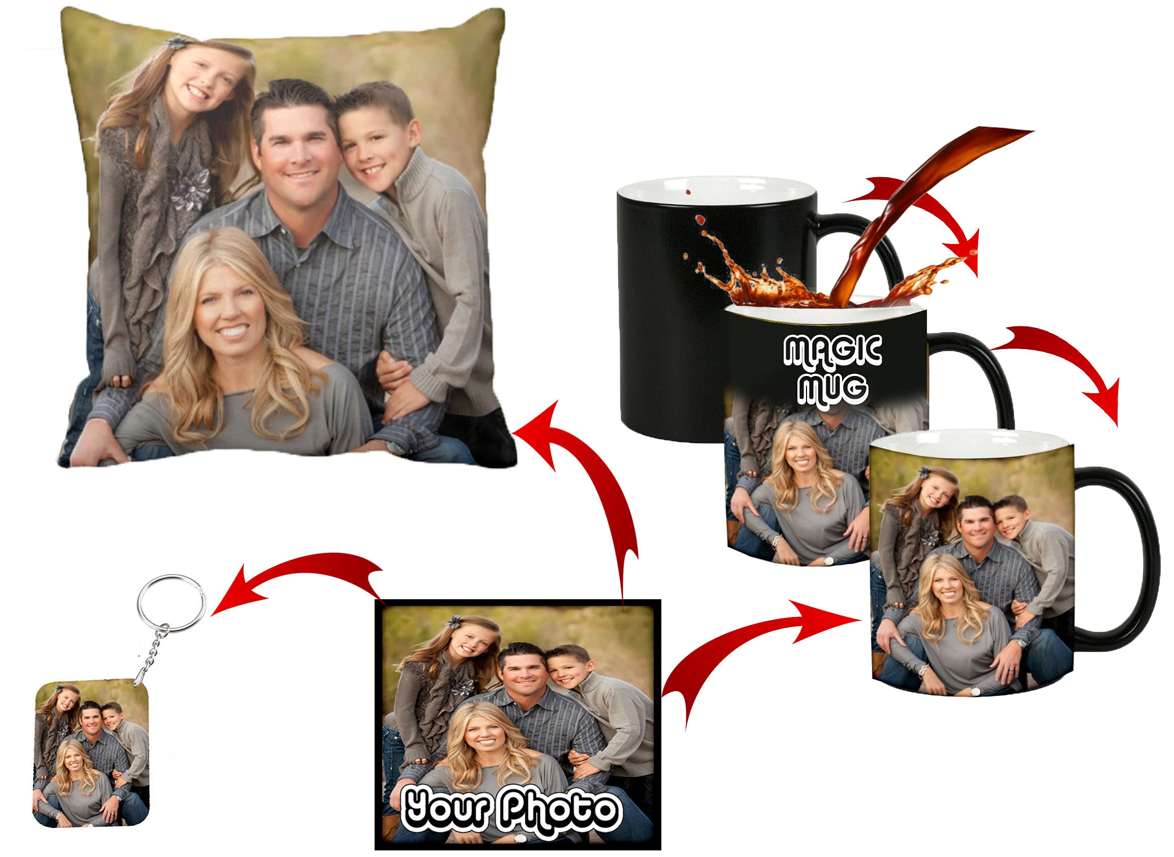 DON'T JUDGE ME Personalized Ceramic Photo Black Magic Mug, 6 oz + Key Chain+ Cushion Cover Combo Pack Customized Gifts (Black, White).