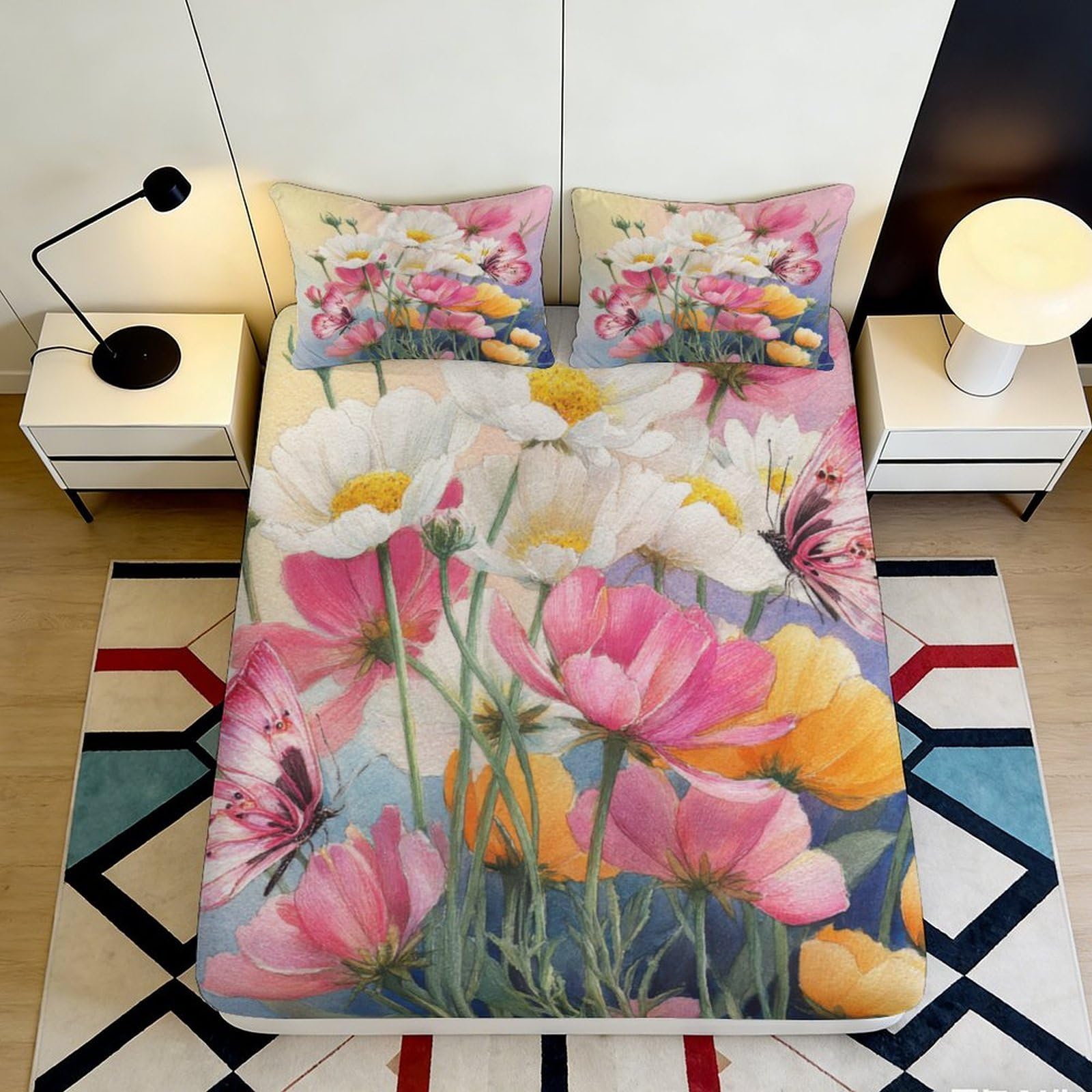 Qjzxknhpgr Style-1 3D Printed Spring Blossom Fitted Sheet Microfiber Soft Floral Butterfly Mattress Cover For Bedroom Guest Room Decor 90X200x25cm