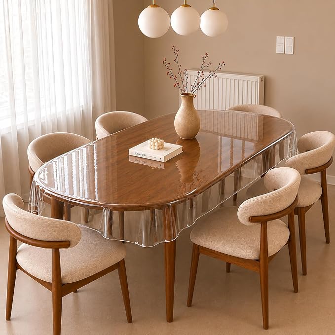 Premium High Thickness Transparent 6 Seater Oval Dining Table Cover | Table Protector Sheet | Waterproof and Dustproof | Transparent Table Cloth | Without Lace | 60x90 Oval