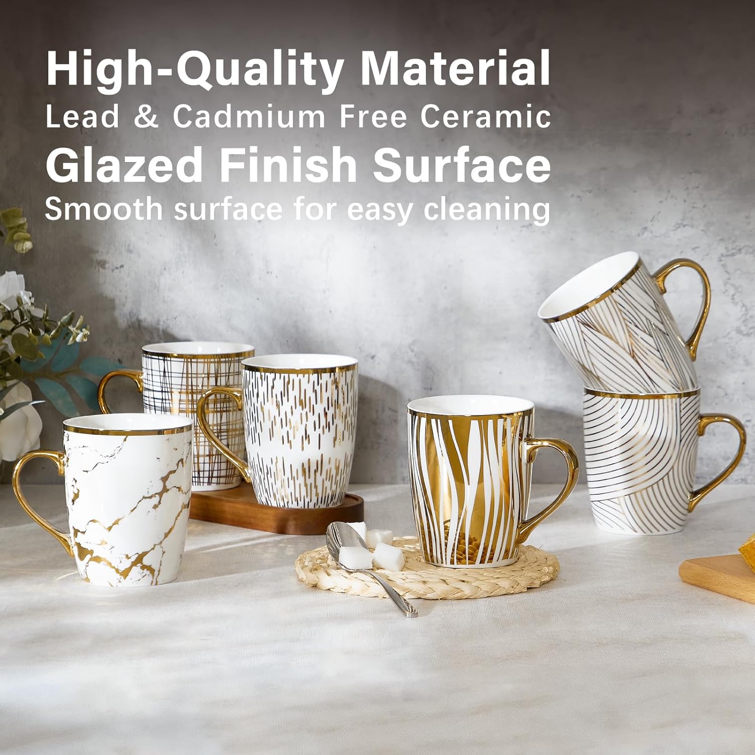 ONEMORE Coffee Mugs 18oz - Gold-Plated Ceramic Mugs for Latte, Hot Tea, Cappuccino, Mocha, Cocoa - Luxury Gold Trim Mug Set of 6, White & Gold, Multicolored - Image 6