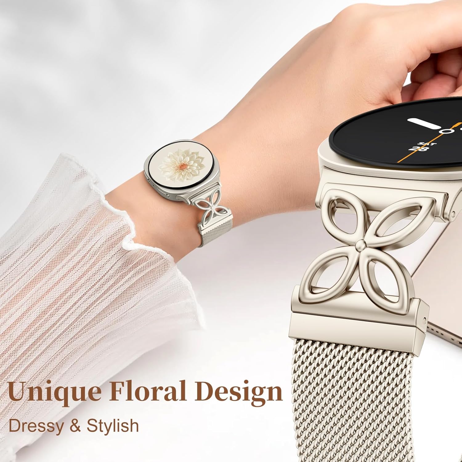 Getino Magnetic Metal Band Compatible with Galaxy Watch 8 / Watch 8 Classic Band, Milanese Floral Dressy Strap for Samsung Watch Bands Women 40mm 44mm 46mm - Starlight - Image 3