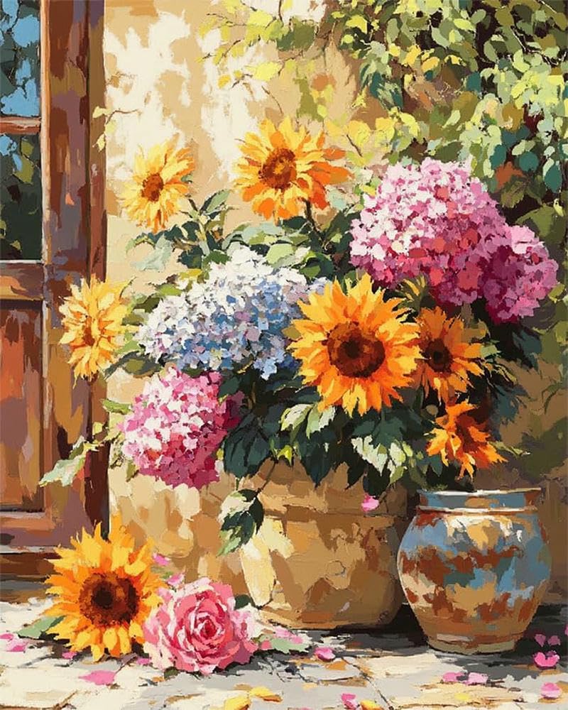 mantianhome Landscape 11CT Cross Stitch Embroidery Kit, Flower Pot Blooming in Front of The Entrance, Stamp Pattern Easy Cross Stitch Embroidery Needlework Kit Supplies,-40X50CM