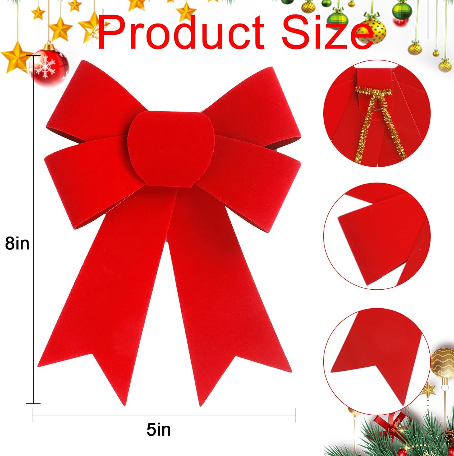 24 PCS 5x8 Inches Christmas red Velvet Bow - Red Velvet & PVC Hanging Decorations for Xmas Tree, Wreath, Railing, Fences,Indoor Outdoor Holiday Party Supplies (Red 1, 24 PCS)