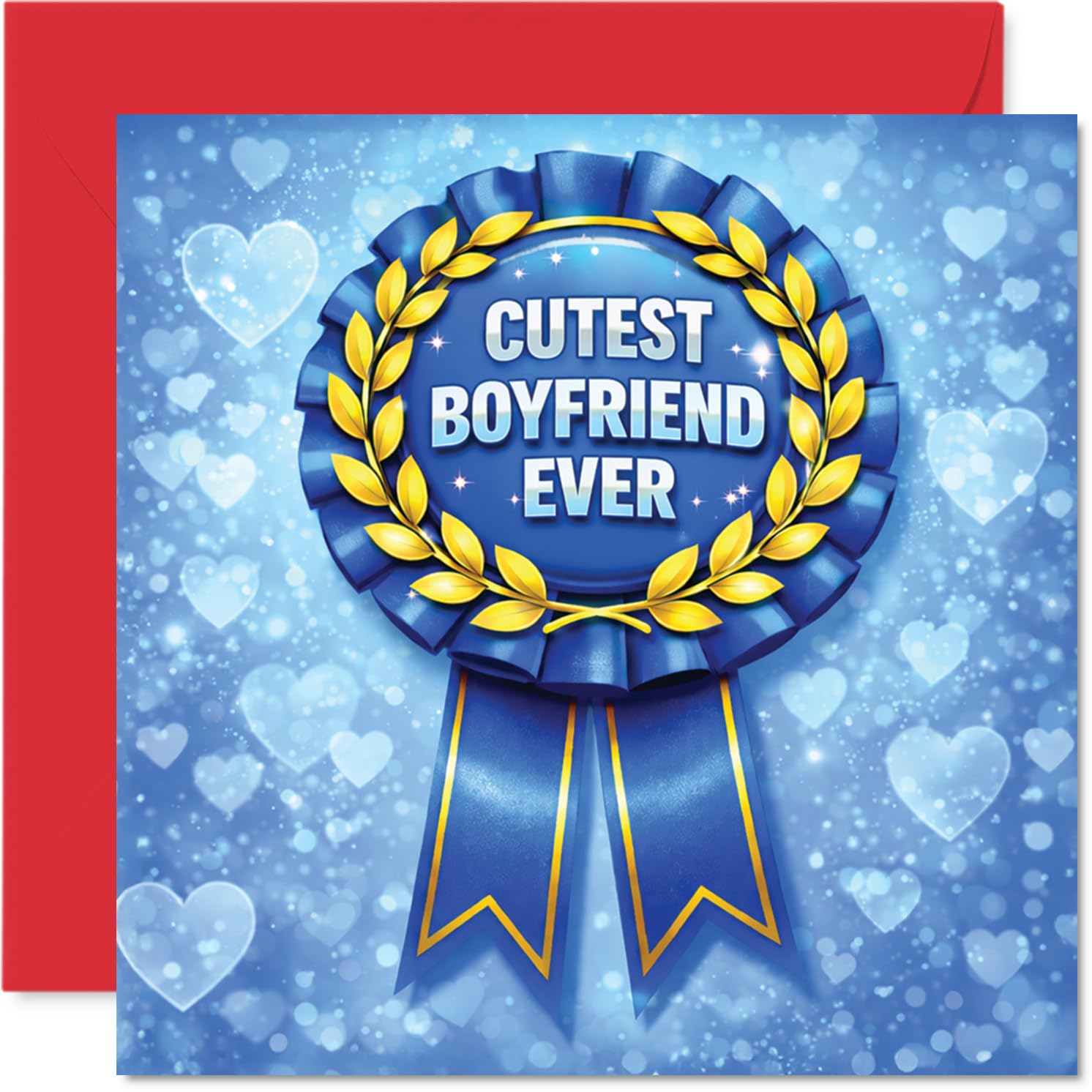 Playful Anniversary Card for Boyfriend - Best Boyfriend Vibes - Blue Award Ribbon with Hearts Motif, Valentine's Day - 145mm Square, Envelope Included