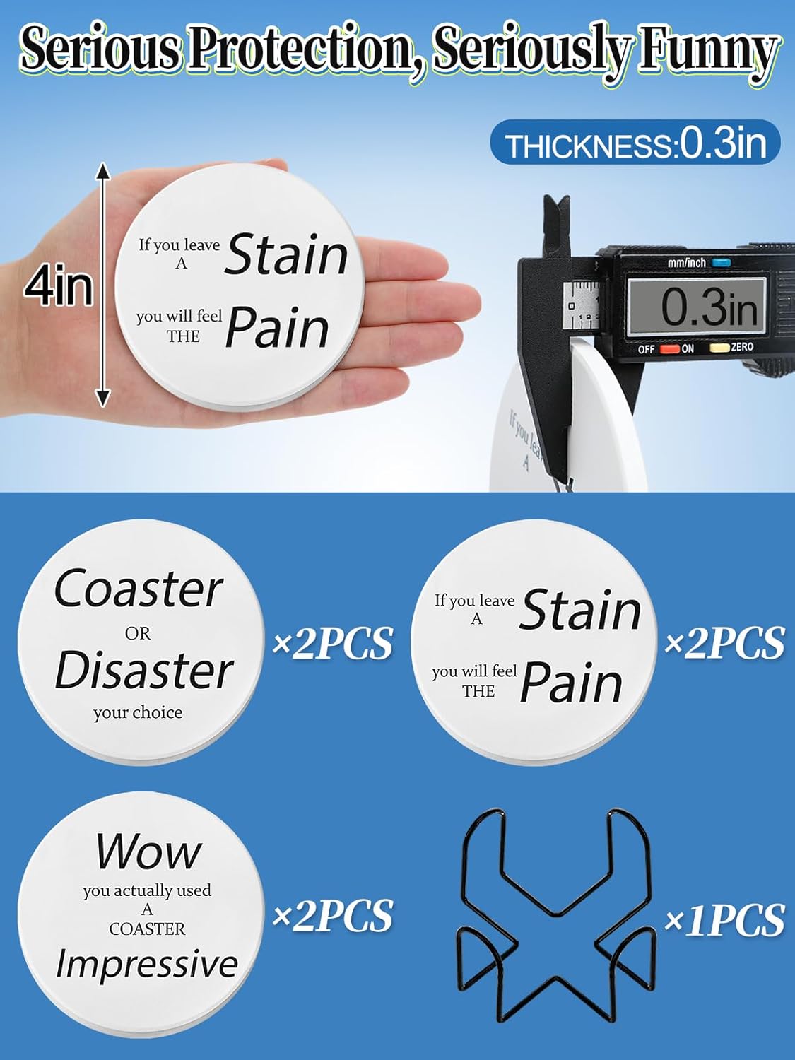 Heat Resistant Coasters House Warming Gifts - Set of 6 Non Slip Ceramic Funny Coasters for Hot Drinks with Holder, New Home Housewarming Gift Ideas, 4in White - Image 7