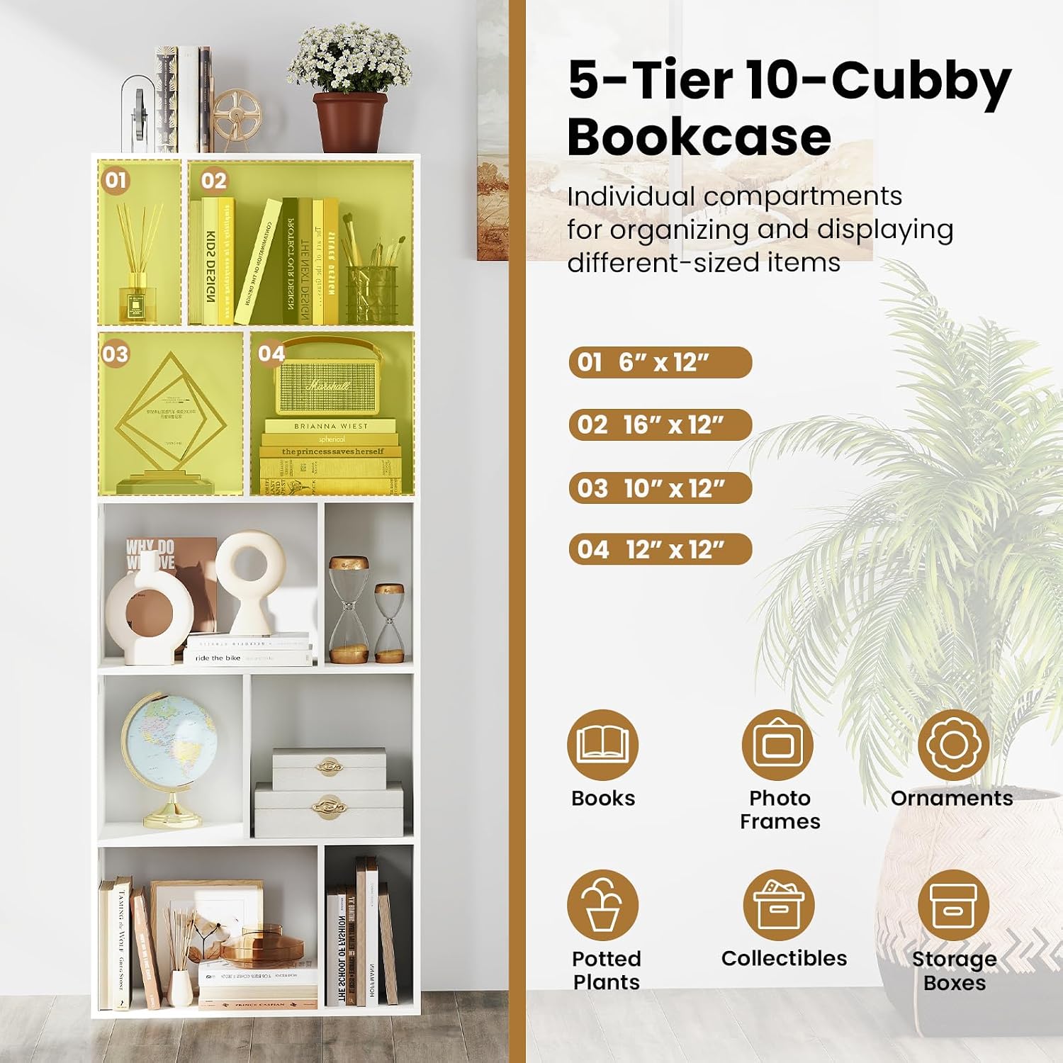 LOKO 5-Shelf Geometric Bookcase, 63” Tall Floor Standing Open Bookshelf with 10 Cubbies, 5 Back Anti-falling Panels, Anti-toppling Devices, Modern Display Book Shelf for Living Room, Study, Office (1)