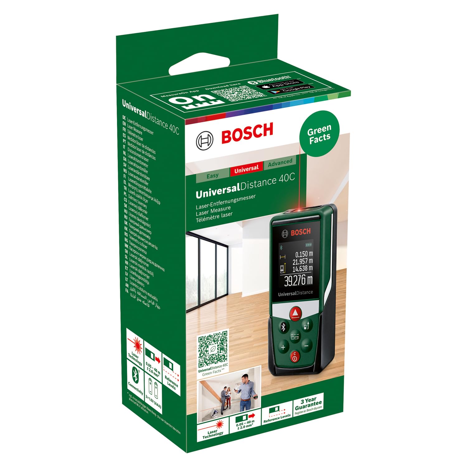 Bosch distanziometro laser UniversalDistance 40C (misura distanze fino a 40 m con precisione, connettività Bluetooth, funzioni di misurazione, in cartone)