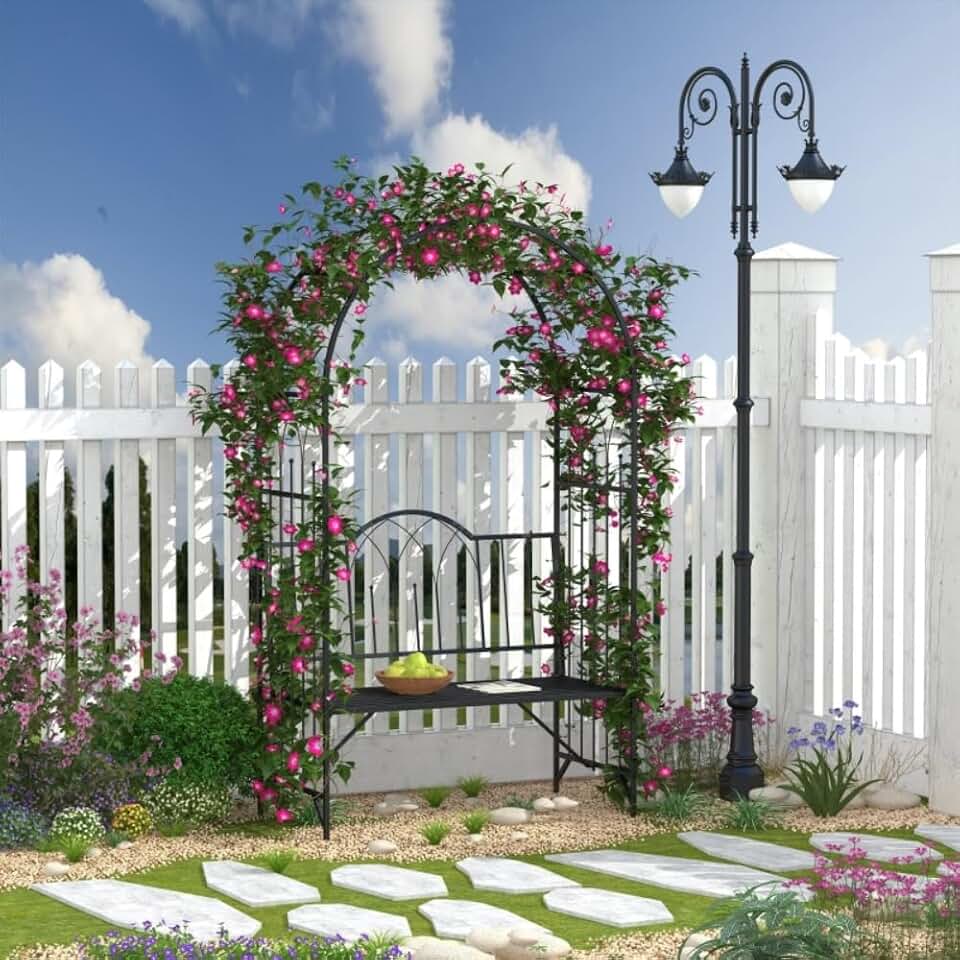2-Seat Steel Garden Bench with Trellis, Outdoor Yard Decor, Black