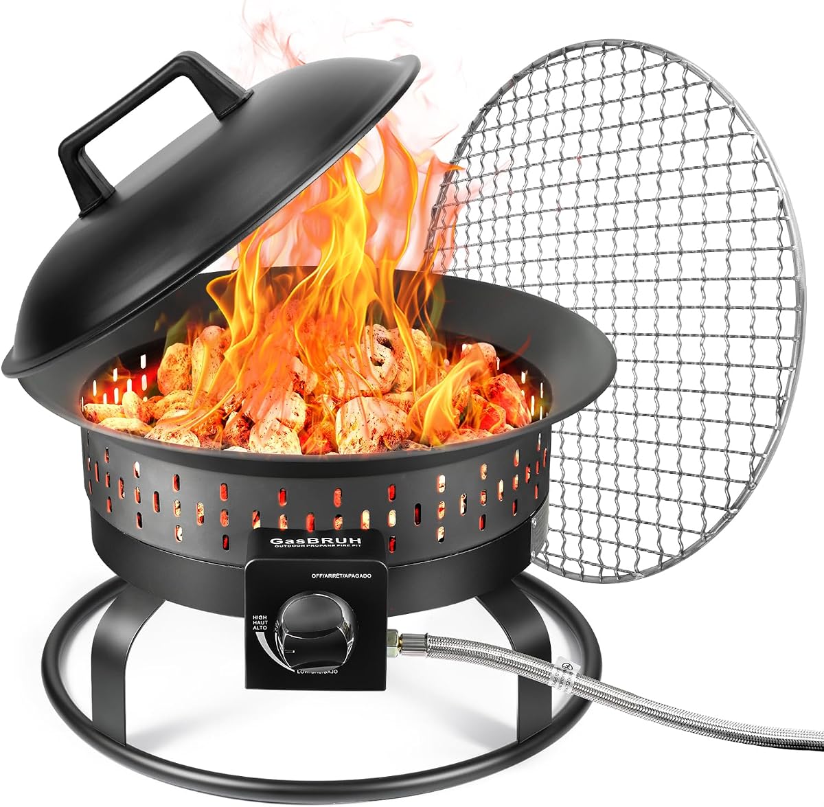 GasBRUH Brasero de propano portátil para exteriores de 19 ″ con parrilla, kit de cubierta y transporte, chimenea, brasero de propano para acampar de 60,000 BTU, brasero de gas portátil para patio exterior, camping, RV, brasero de gas sin humo