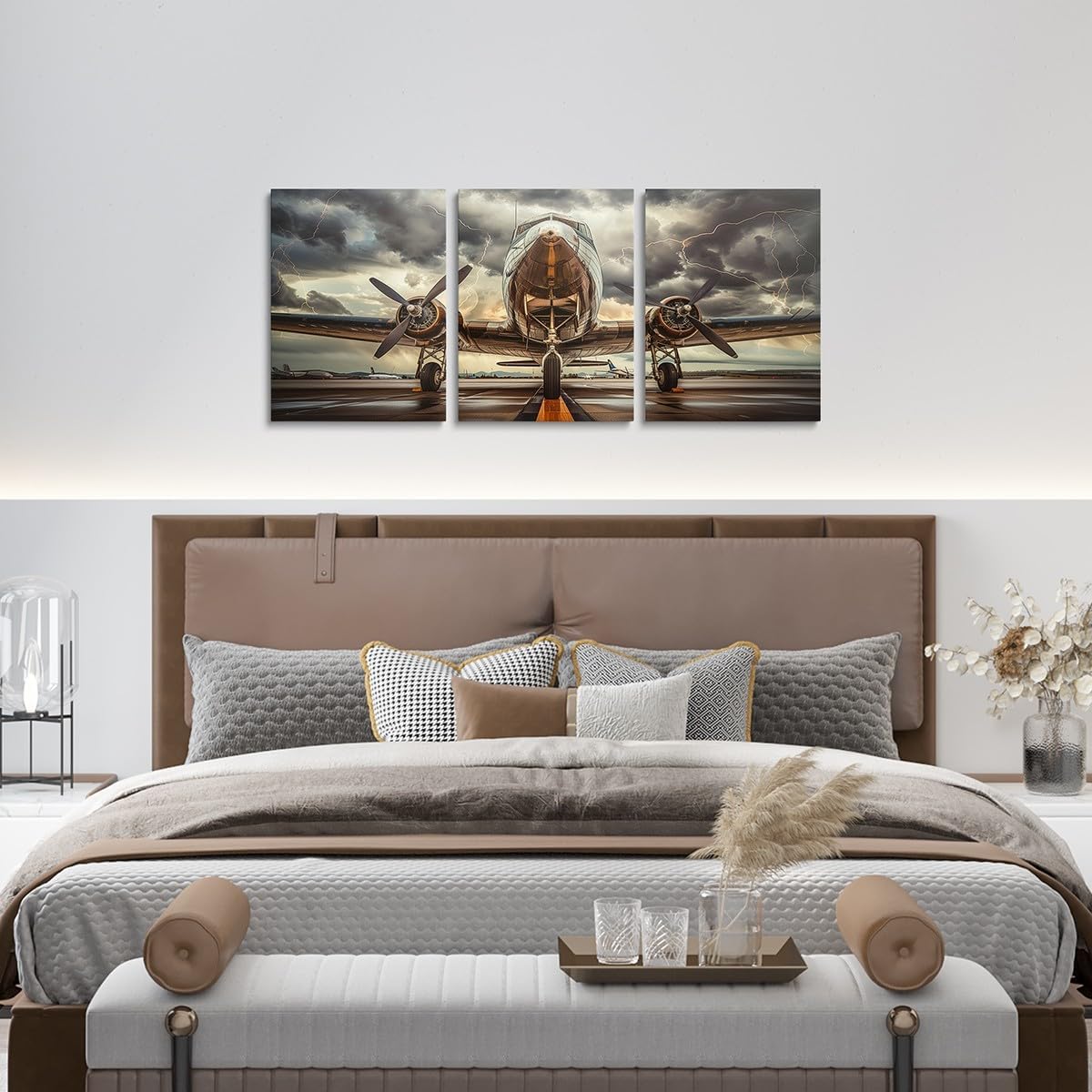 3D Airplane Canvas Wall Art,Aircraft Runway Canvas Wall Decor Home Artwork,Modern Airplane Sunny Sky Wall Hangings for Kids Living Room Bedroom,Set of 3 image 4